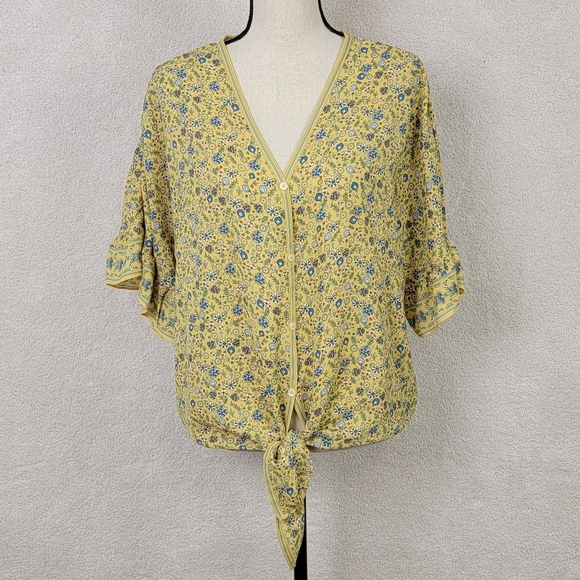 Max Studio Boho Yellow Floral Tie Front Button Down Ruffle Sleeve Blouse L NEW - Picture 1 of 14